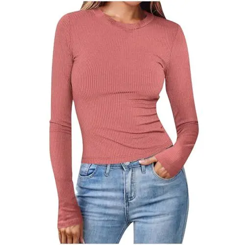 Produktbild: KOG Langarmshirt für Damen Langärmelige Bekleidung Baumwolle Einfarbige Blusen Basic Langärmlige T-Shirt Amazon Gutschein Frau Longshirt Mode Einfarbig Oberteile Gutscheine Wassermelonenrot M