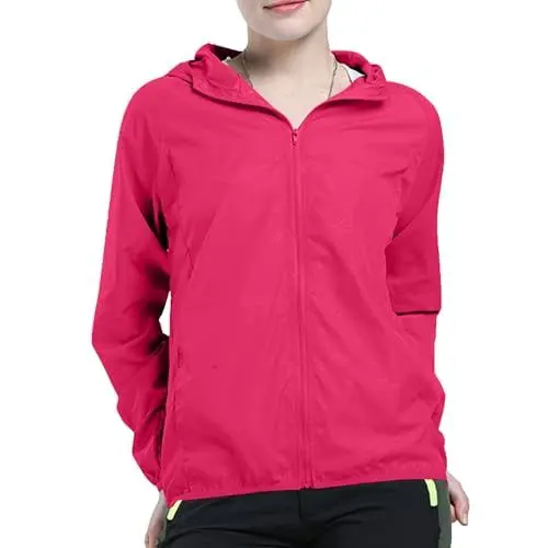 Produktbild: KOG Leicht Regenjacke Damen Wasserdicht Regenmantel Übergangsjacke Windbreaker mit Kapuze Fahrradjacke Regencape Dünne Fahrrad Regenjacken Wanderjacke Outdoor Jacken Sale Angebote Knalliges Pink S