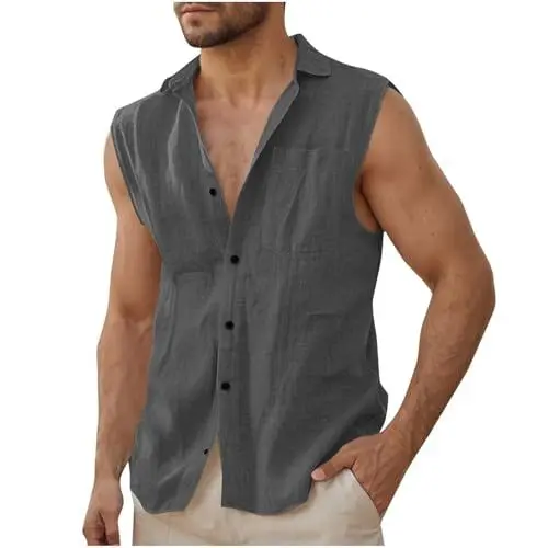 Produktbild: KOG Leinenhemd Herren Ärmellos Sommer Freizeithemd Männer Bekleidung Einfarbige 2025 Baumwolle Hemden Outlet Angebote Teenager Kurzarmhemd Loose Fit Tshirts Junge Mode Tshirt Prime Grau XXL