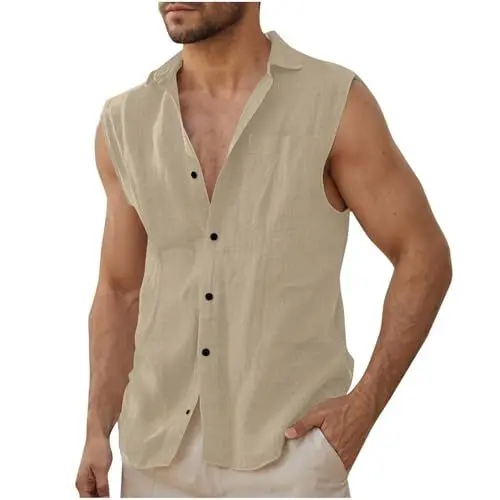 Produktbild: KOG Leinenhemd Herren Ärmellos Sommer Hemden Männer Businesshemd Einfarbig 2025 Baumwolle Oberteil Teenager Tops Loose Fit Sportshirt Leicht Freizeitshirt Outlet Amazon Khaki XXL
