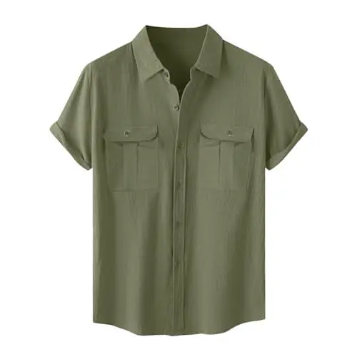 Produktbild: KOG Leinenhemd Herren Sommer Freizeithemden Männer Hemd Einfarbige Oberteil Baumwolle T-Shirts Herren Tshirt Sale Tee Leicht Hawaiihemd Teenager Oversize Tee T-Shirt Gutscheine Armeegrün 3XL