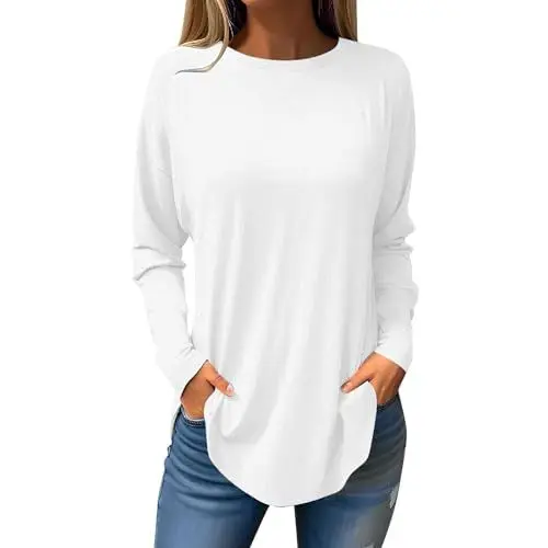 Produktbild: KOG Sale Damen Langarmshirt für Damen Langarm Oberteil Einfarbig Bluse Casual Baumwolle Shirts Kleidung Einfarbige Sweatshirt Teenager Mädchen V-Ausschnitt Mode Bekleidung Gutschein Weiß XXL