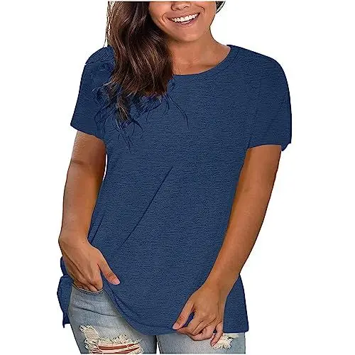 Produktbild: KOG Outlet Amazon Damen Shirts Mode Einfarbige Tee T-Shirt Retro Baumwolle Hemd Teenager Blusen & Tuniken Casual Einfarbig Blusenshirt Frau Rundhals Sommer Gutschein Amazon Marine XXL
