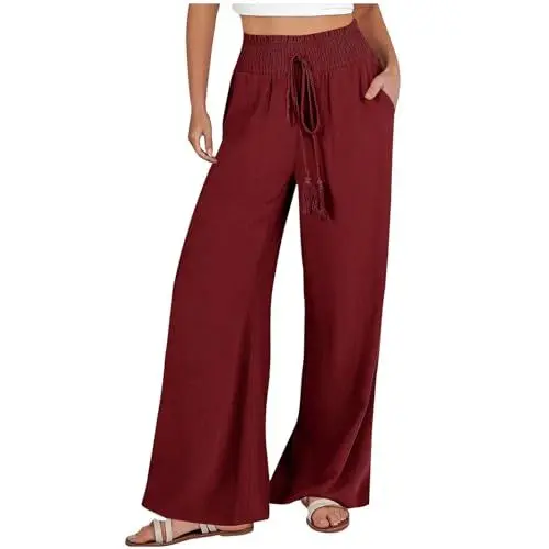 Produktbild: KOG Outlet Amazon Hose Damen Leinenhose 2025 Sommerhose Baumwolle Leicht Cargo Hose Teenager Mädchen Jogginghosen Einfarbige Fashion Outdoor Hosen Weisse Hose Kariert Gutschein Wein M