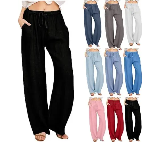 Produktbild: KOG Prime Hosen Damen Leinenhose Sommer Sommerhose Leicht Baumwolle 2025 Cargohose Frau Jogginghosen Einfarbige Musselin Yoga Hose Weisse Stoffhose Lang Sweathose Amazon Basics Schwarz XL