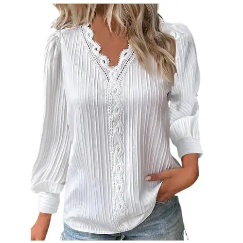 Produktbild: KOG Amazon Gutschein Langarmshirt Damen Langarm Shirts Einfarbige T-Shirt Lose Baumwolle Hemd Teenager Mädchen Tshirts Warmes Bluse V-Ausschnitt Retro Tuniken Warehouse Deal Weiß XXL