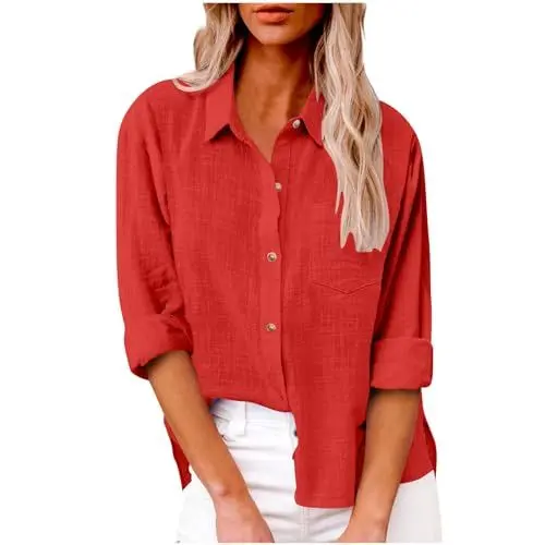 Produktbild: KOG Outlet Angebote Bluse Damen Langarm Hemd Bekleidung Einfarbige Shirt Winter Leinenhemd Oberteile Teenager Mädchen Blusenshirt Casual Blusen Frau Fashion Kleidung Gutscheine Rot L