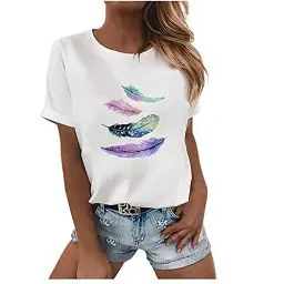 Produktbild: KOG Angebote Damen Shirt Lose Einfarbig T-Shirt Sommer Kurzarm Blusen Frau Longbluse Fashion Tie-Dye Muster Blusen & Tuniken Frauen Baumwolle Oversized Bluse Amazon Basics Weiß M