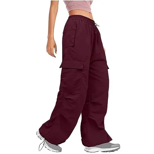 Produktbild: KOG Outlet Angebote Hosen Damen Cargo Hose Musselin Sommerhose Baumwolle Cargohose Frauen Jogginghosen Einfarbig Baggy Gym Hose Rot Anzughose Breites Hosen Amazon Basics Wein L