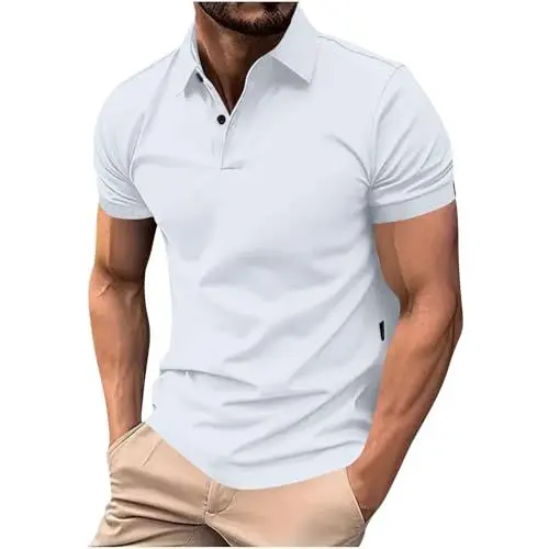 Produktbild: KOG Poloshirt Herren Golf Polo Shirt Kurzarm Kleidung Einfarbig Casual Baumwolle Wandershirt Herren Männer Top Lässig Bekleidung Gym T-Shirts Weiß M