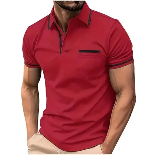 Produktbild: KOG Poloshirt Herren Polohemd Kurzarm Bekleidung Einfarbige T-Shirts Mode Baumwolle Laufshirt Junge Tee T-Shirt Leicht Arbeitsshirt Männer Business Tshirts Rot XXL