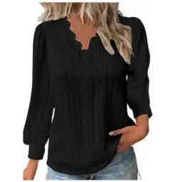 Produktbild: KOG Langarmshirt Damen Langarm Kleidung Einfarbige Blusenshirt Mode Baumwolle Oberteil Frauen Bluse Winter Tunika Teenager Mädchen V-Ausschnitt Basic Tshirts Prime Schwarz XXL