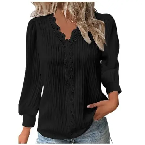 Produktbild: KOG Langarmshirt Damen Langarm Kleidung Einfarbige Blusenshirt Mode Baumwolle Oberteil Frauen Bluse Winter Tunika Teenager Mädchen V-Ausschnitt Basic Tshirts Prime Schwarz XXL