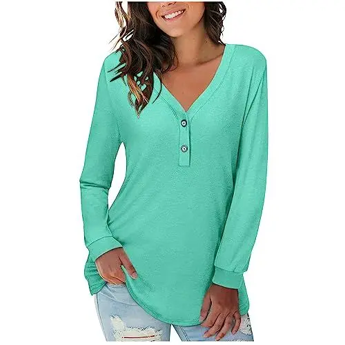 Produktbild: KOG Prime Langarmshirt für Damen Langarm Oberteil Einfarbig Bekleidung Basic Baumwolle T-Shirts Frauen T-Shirt Casual Tunika V-Ausschnitt Freizeit Kleidung Amazon Essentials Damen Minzgrün XL