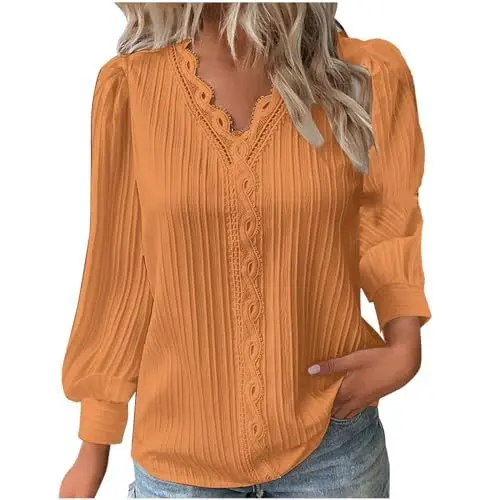 Produktbild: KOG Outlet Amazon Langarmshirt für Damen Langarm Shirt Einfarbig Oberteile Warmes Baumwolle Hemd Blusenshirt Oversize Oberteil Frauen V-Ausschnitt Slim Fit Shirts Outlet Angebote Orange XL