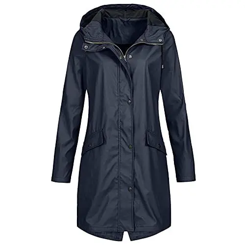Produktbild: KOG Regenjacke Damen Wasserdicht Übergangsjacke Outdoor Jacken Windjacke Wanderjacke Radjacke Regenmantel Windbreaker mit Kapuze Fahrradjacke Regenjacken Sale Damen Marine L