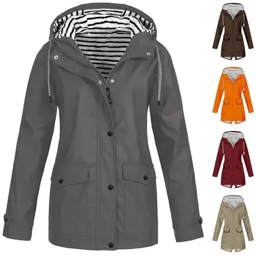 Produktbild: KOG Regenjacke Damen Wasserdicht Übergangsjacke Regenmantel Windbreaker mit Kapuze Outdoor Jacken Fahrradjacke Regencape Regenjacken Windjacke Wanderjacke Warehouse Deal Grau 5XL
