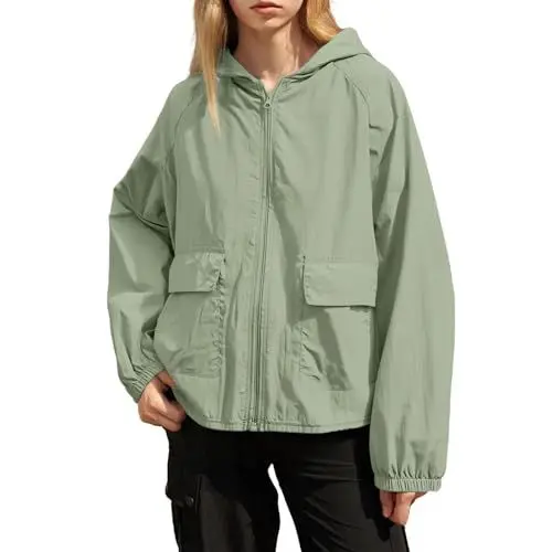 Produktbild: KOG Regenjacke Damen Wasserdicht Windbreaker Dünne übergangsjacken Hoodie Jacke Solid Oberteil Wintermantel Leichte Winterjacke Elegant Jacke Teenager Mädchen Softshelljacke Armeegrün S