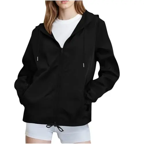 Produktbild: KOG Regenjacke Damen Wasserdicht Windjacke Dünne Regenmantel Zipper Jacke Einfarbig Kleidung Frauen Softshelljacke Bikerjacke Leichte Festival Jacke Teenager Mädchen Windbreaker Schwarz M