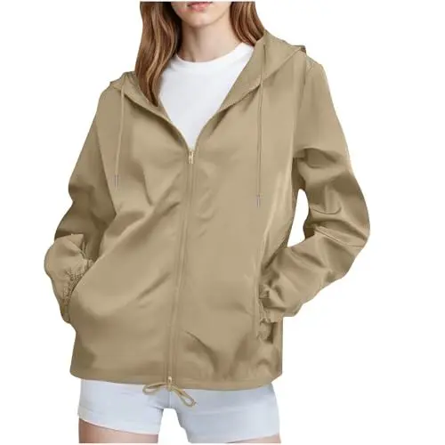 Produktbild: KOG Regenjacke für Damen Wasserdicht Laufjacke Atmungsaktiv Regenmantel Zipper Jacke Einfarbig Oberteil Bomberjacke Herbst Winterjacke Basic Outdoor Jacken Frauen Steppjacke Khaki XL