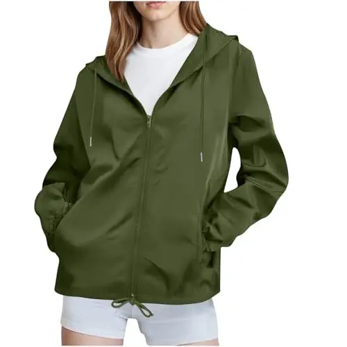 Produktbild: KOG Regenjacke für Damen Wasserdicht Windbreaker Herbst Wanderjacke Festival Jacke Einfarbige Bekleidung Bomberjacke Casual Funktionsjacke Lose Motorrad Jacke Frauen übergangsmantel Armeegrün XXL