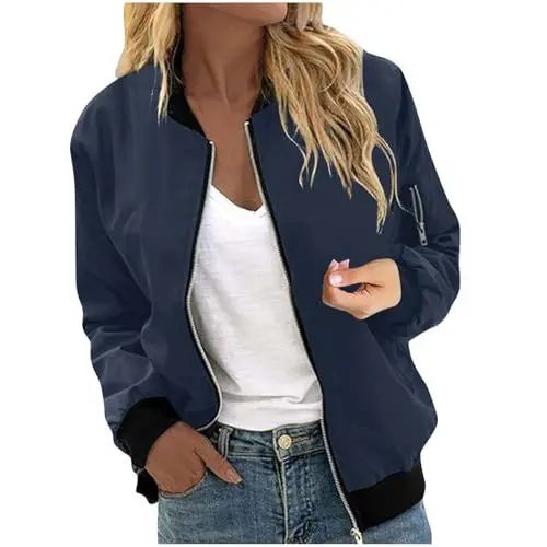 Produktbild: KOG Regenjacke für Damen Wasserdicht Windjacke Elegante übergangsmantel Festival Jacke Solid Oberteil Fahrradjacke Casual Bikerjacke Winter Sport Jacke Frauen Bomberjacke Marine XXL