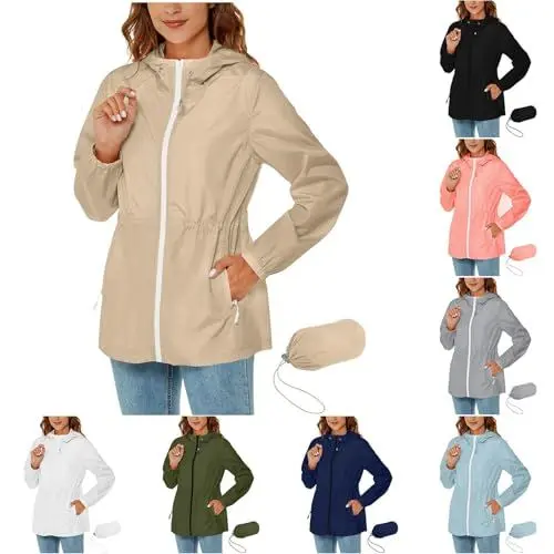 Produktbild: KOG Regenjacke für Damen Wasserdicht übergangsjacken Basic übergangsmantel Festival Jacke Einfarbig Oberteil Winterjacke Herbst Outdoorjacke Elegant Sport Jacke Frau Bomberjacke Khaki S