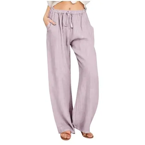 Produktbild: KOG Sale Angebote Damen Hosen Leinenhose Baggy Sommerhose Baumwolle Leicht Cargo Hosen Frau Jogginghose Bootcut Laufhose Strandhose Oversized Wide Leg Hose Amazon Basics Lila S