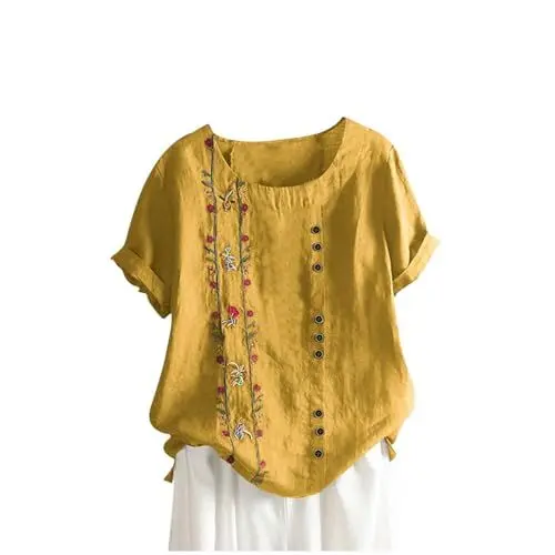 Produktbild: KOG Angebote Damen T-Shirts Sommer Leinenbluse Tunika Casual Baumwolle Bekleidung Teenager Tee T-Shirt Basic Grafik Tshirt Frauen Rundhals Oversized Kleidung Damenmode Sale Gelb 4XL