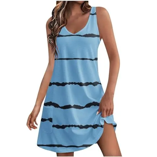 Produktbild: KOG Sale Angebote Sommerkleider Damen Sommerkleid Casual Basic Boho Kleid Mode Motiv Leicht Strandkleid Weiße Blusen Kleid Festkleider Baumwolle Kleid Hochzeitsgast Sale Damen Blau S