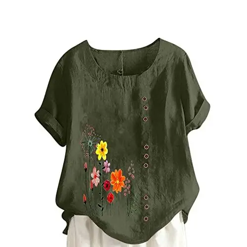 Produktbild: KOG Sale Angebote - Damen Tshirts Elegant Leinenbluse T-Shirt Casual Kurzarm Tunika Frauen Oberteil Lose Tie-Dye Muster T-Shirts Frau Eckiger Ausschnitt Oversized Tops Amazon Basics Armeegrün XL
