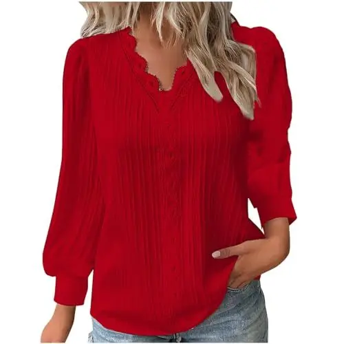 Produktbild: KOG Gutschein Langarmshirt für Damen Langarm Bluse Einfarbig Oberteile Retro Baumwolle T-Shirts Teenager Mädchen Tshirts Slim Fit Shirt Frau V-Ausschnitt Mode Amazon Essentials Damen Rot 4XL