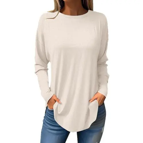 Produktbild: KOG Gutschein Langarmshirt Damen Langarm Kleidung Einfarbige T-Shirt Lässig Baumwolle Bekleidung Frau Pullover Elegante Einfarbig Tops V-Ausschnitt Retro Blusen Sale Angebote Beige M