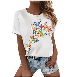 Produktbild: KOG Sale Damen Shirts Mode Grafik Drucken Baumwolle Tshirts Sommer Kurzarm Tee T-Shirt Teenager Mädchen Bluse Elegante Einfarbige Oberteil Frau Rundhals Retro Oberteile Amazon Gutschein Weiß XL