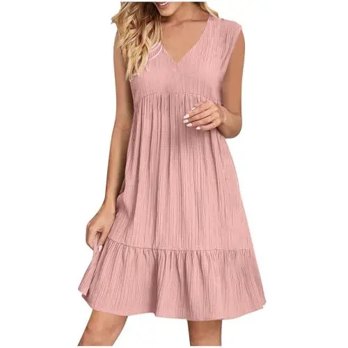 Produktbild: KOG Sommerkleid Sommerkleider Damen Sommer Boho-Kleid Einfarbige Mode Blusenkleider Kurz Frauen Shirtkleid Blumenkleid Baumwolle Besondere Kleider für Hochzeitsgäste Rosa M