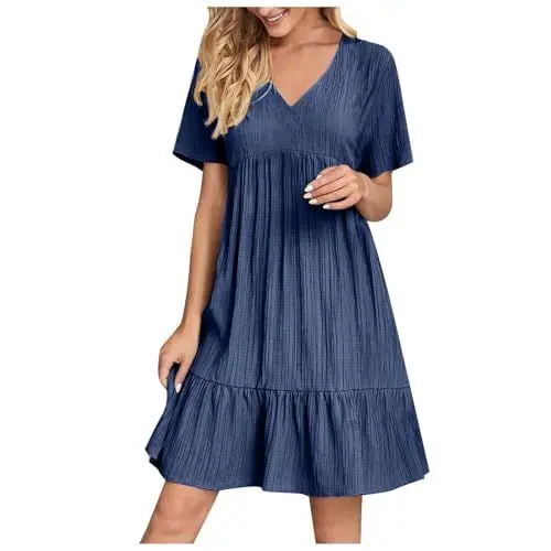 Produktbild: KOG Sommerkleid für Damen Sommerkleider Sommer Blusenkleid Einfarbig Teenager Leicht Kleidung Strandkleider Leichte Frauen Hemdblusenkleid Baumwolle Kleid Hochzeitsgast Marine L