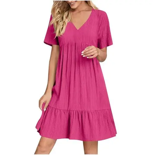 Produktbild: KOG Sommerkleider Sommerkleid Damen Elegant Blusen Kleid Einfarbig Frau Tunika Oberteil Hemdblusenkleid Leicht Boho-Kleid Baumwolle Abendkleid Hochzeit Rosa XL