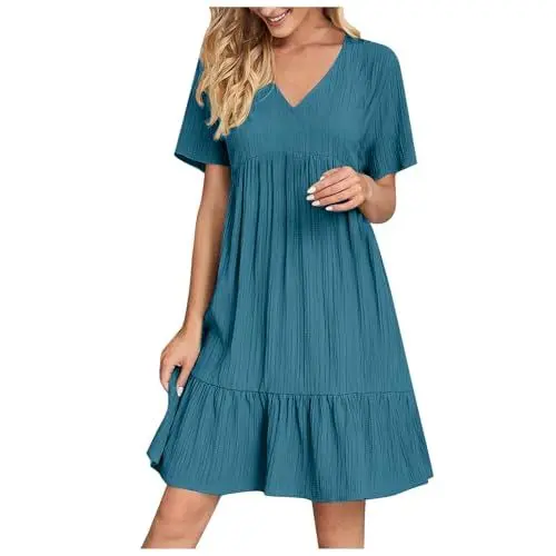 Produktbild: KOG Sommerkleider für Damen Sommerkleid Mode Tunika Kleid Einfarbige Frau 2025 Kleidung Shirtkleid Basic Frauen Festkleider Kleider Baumwolle Abendkleid Hochzeit Blau XL