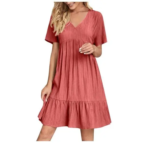 Produktbild: KOG Sommerkleider für Damen Sommerkleid Sommer Freizeitkleider Einfarbige Frauen Casual Basic Outlet Boho-Kleid Casual Tshirt Kleid Baumwolle Kleider Hochzeitsgast Wassermelonenrot L