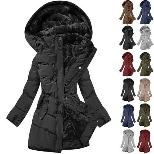 Produktbild: KOG Steppjacke Damen Jacken Warm Wintermantel Baumwolle Laufjacke Oberteile Frau übergangsjacken Outlet Angebote Retro Windjacke Warmes Kapuzenjacke Amazon Essentials Damen Schwarz L