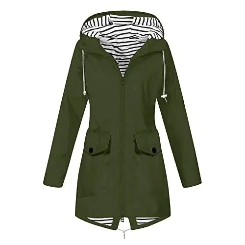 Produktbild: KOG Übergangsjacke Damen Regenjacke Wasserdicht Regenmantel Windbreaker mit Kapuze Fahrradjacke Regencape Regenjacken Windjacke Wanderjacke Outdoor Jacken Angebote Armeegrün XL