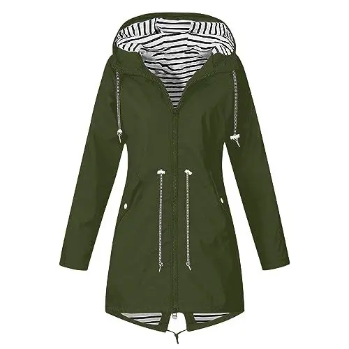 Produktbild: KOG Übergangsjacke Damen Regenjacke Wasserdicht Regenmantel Windbreaker mit Kapuze Fahrradjacke Regencape Regenjacken Windjacke Wanderjacke Outdoor Jacken Outlet Angebote Armeegrün M