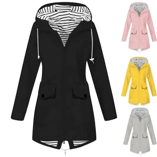Produktbild: KOG Übergangsjacke Damen Regenjacke Wasserdicht Regenmantel Windbreaker mit Kapuze Fahrradjacke Regencape Regenjacken Windjacke Wanderjacke Outdoor Jacken Outlet Angebote Schwarz 3XL