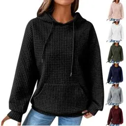Produktbild: KOG Waffel Hoodie für Damen Baumwolle Hoodies Einfarbig Sweatshirt mit Kapuze Casual Oberteil Frau Oberteile Fashion Hooded Sweatshirt Winter Freizeit Lose Pullover Outlet Angebote Schwarz XL