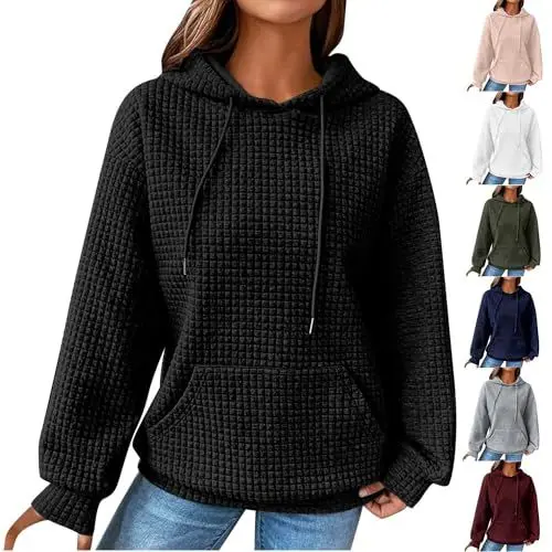 Produktbild: KOG Waffel Hoodie für Damen Baumwolle Hoodies Einfarbig Sweatshirt mit Kapuze Casual Oberteil Frau Oberteile Fashion Hooded Sweatshirt Winter Freizeit Lose Pullover Outlet Angebote Schwarz XL