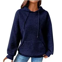 Produktbild: KOG Waffel Hoodie Damen Baumwolle Sweatshirt mit Kapuze Einfarbig Hooded Sweatshirt Warmes Bekleidung Frau Oberteil Elegant Kleidung Retro Locker Hoodies Warehouse Deals Angebote Marine XXL