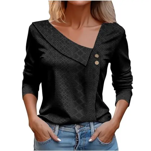 Produktbild: KOG Warehouse Deal Langarmshirt Damen Langarm Kleidung Einfarbig Shirts Basic Baumwolle Hemd Frau Shirt Freizeit Einfarbige Tunika V-Ausschnitt Lässig Sweatshirt Amazon Gutschein Schwarz L