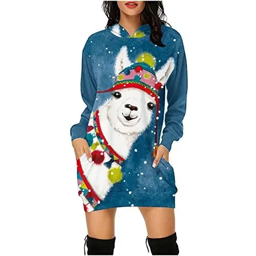Produktbild: KOG Weihnachtskleid Damen Langarm Minikleid Weihnachtskleider Hochzeitskleider Für Abschlusskleid Kleider Frauen Kleid Christmas Dresses Mädchen Rot Festival Große Größe, 091 Blau, L