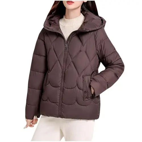 Produktbild: KOG Winterjacke Damen Daunenjacke Elegant Dufflecoat Baumwolle Wanderjacke Einfarbig Oberteile Frau übergangsjacken Angebote Blusenjacke Retro Pullover Frauen Outlet Amazon Kaffee L