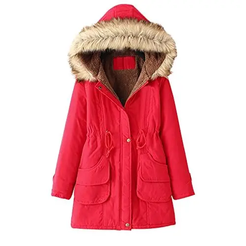 Produktbild: KOG Winterjacke Damen Dufflecoat Warme Jacke Baumwolle Bikerjacke Einfarbig Oberteile übergangsmantel Sale Damen Retro Blusenjacke Kapuzenjacke Teenager Mädchen Vliesjacke Prime Rot XXL